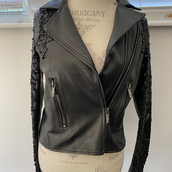 Nour Hammour Sophia Zip-Front Leather Jacket w/ Studded Embroidered Sleeves - Picture 1 of 14